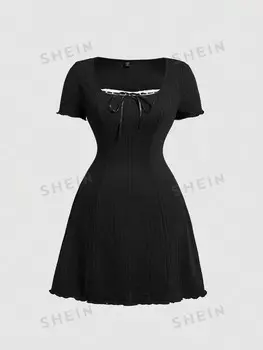 MOD Элегантное Женское платье больших размеров с короткими рукавами, бантом и квадратным вырезом для лета Shein, черный