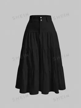 MOD Юбка, однотонная, завышенная талия, оборки/рюши Shein, черный