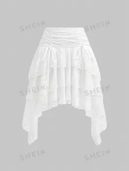 MOD Юбка с кружевным декором, асимметричный низ с рюшами, концертное платье, лето, белая юбка Shein, белый