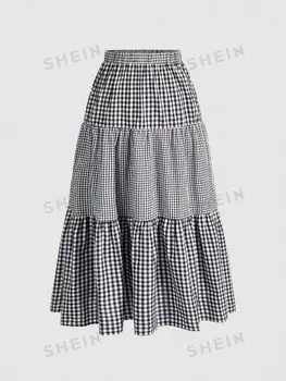 MOD Клетчатая юбка-тортик летний пикник Shein, черно-белый