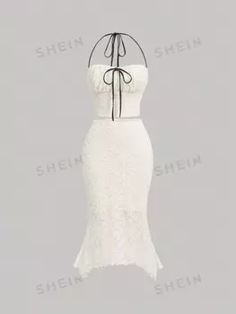 MOD Комплект абрикосовый вязаный Женский с бретелькой на шее Shein, абрикосовый