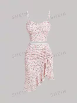 MOD, Комплект больших размеров с винтажным цветочным принтом, топом на бретелях и плиссированной юбкой из двух частей Shein, розовый