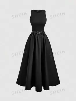 MOD Комплект с юбкой без рукавов, Однотонный, для женщин Подходит для лета С поясом, обратно в школу, Женская осенняя одежда, французская одежда, костюмы на Хэллоуин Shein, черный