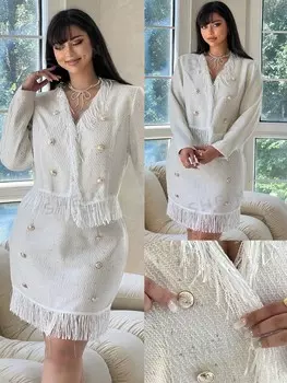 MOD Комплект жакета и юбки, украшенный крупными роскошными пуговицами, с кисточками, 2 шт/комплект, весна - осень Shein, белый