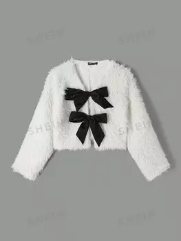 MOD Короткая куртка с круглым вырезом, украшенная бантом, мягкая ткань, старинный стиль, романтичная, элегантная Shein, белый