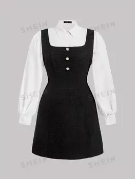 MOD Короткое платье, Длинный рукав, женщины больших размеров, рисунок колор-блок, воротник рубашки, для весны и осени Shein, черно-белый