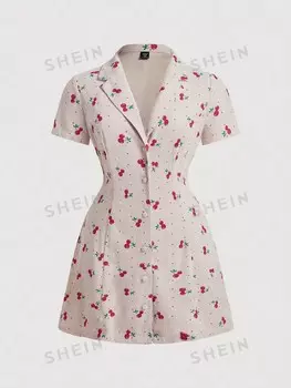 MOD Короткое платье, темно-зеленое, вишневый узор, винтаж, рубашечный воротник, вельвет, очень большой размер Shein, хаки