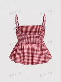 MOD Красно-белая клетчатая майка трапециевидной формы с кружевной отделкой и бантом Shein, красный/белый
