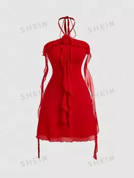 MOD Красное платье без рукавов с бретельками, украшенное цветами и рюшами по подолу Романтичное Женское платье из сетчатого трикотажа приталенного кроя с эластичным поясом Shein, красный