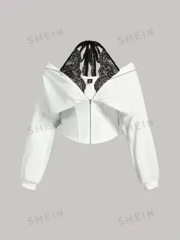 MOD Кружевная лоскутная водолазка с капюшоном на шнурке для женщин больших размеров Shein, белый