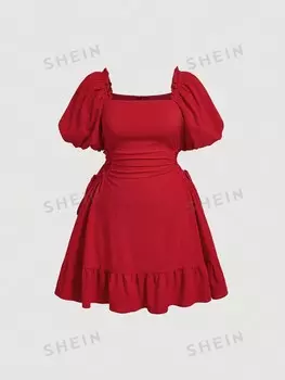 MOD Летнее Однотонное мини-платье с квадратным вырезом и пышными рукавами, завязанными сбоку Shein, красный