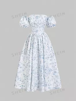MOD Летнее романтическое сине-белое тканое платье с цветочным принтом и открытыми плечами, с пышными рукавами и вышивкой крестиком, Женское платье макси Shein, синий/белый