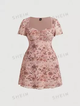 MOD Летнее сетчатое платье больших размеров с короткими рукавами и полой передней частью. плиссированное украшение и мини-длина Shein, мультиколор