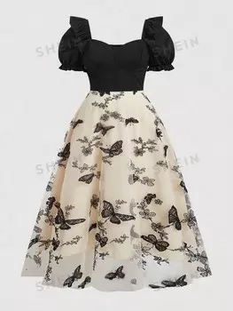 MOD Милое платье, глубокий бюст, рукава-фонарики, узор бабочки, сетка, сетчатый низ, для женщин больших размеров. на лето Shein, мультиколор