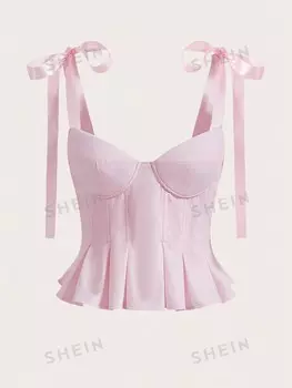 MOD, Однобортное бюстье, однотонное, с узлом на плече, воланами по низу Shein, розовый