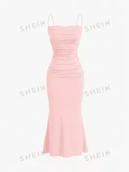 MOD Однобортное платье, Однотонное, плиссированная юбка, узор «китовый хвост», для женщин летом Shein, коралловый/розовый