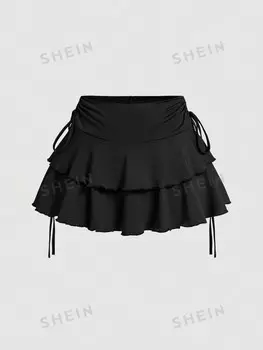 MOD Однотонная юбка-тортик с кулиской и складками Shein, черный