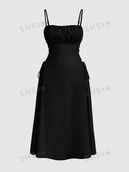 MOD Платье больших размеров, Однотонное, сбоку, завязка крест-накрест, узел на плече, бретели Shein, черный