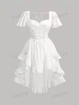 MOD Платье больших размеров Женское винтажное белое со стороны лотоса Shein, белый