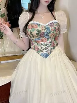 MOD Платье большого размера с короткими рукавами и цветочным принтом, рюшами по подолу и вырезом в форме сердца Shein, мультиколор