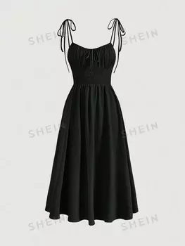 MOD Платье-комбинация, Однотонное, с узлом на плече Shein, черный