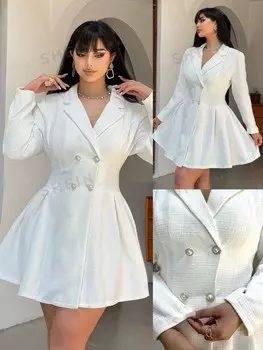 MOD Платье-костюм на все случаи жизни Большой размер для женщин Рубашечный воротник, длинные рукава, двойные пуговицы Shein, белый