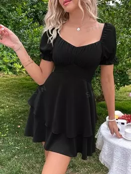 MOD Платье Milkmaid, изящная форма с V-образным вырезом Shein, черный