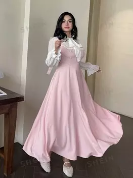 MOD, Платье оверсайз, Длинные рукава, бант, колор-блок, красивая и элегантная фигура Shein, розовый