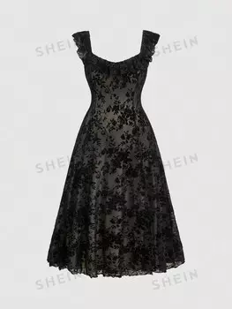 MOD Платье с цветочным принтом Черная бархатная ткань с принтом, дизайн с рюшами, большой размер, винтажное нижнее белье для бала на Хэллоуин Shein, черный