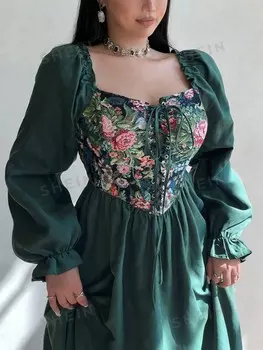 MOD, Платье с Длинными рукавами, красивых цветов, с рисунком чакры, для женщин больших размеров Shein, зеленый