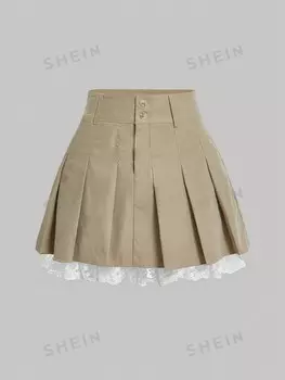 MOD Плиссированная кружевная юбка больших размеров с цветочным принтом Shein, хаки