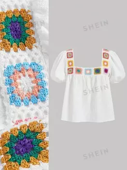 MOD Plus Белый кружевной летний топ с квадратным вырезом и короткими рукавами-пузырьками Shein, белый