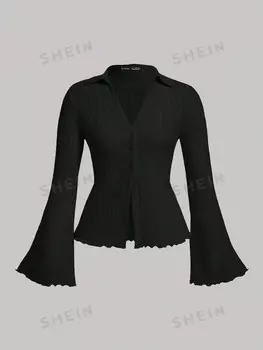 MOD Плюс футболка с отделкой салатового цвета и рукавами-трубами Shein, черный