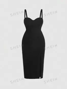 MOD Плюс Платье-комбинация с высоким разрезом Shein, черный