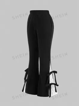 MOD Плюс размер кружевных расклешенных брюк с высокой талией и бантом, модно и мило Shein, черный