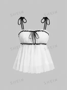 MOD Плюс Размер Летний Белый Кружевной Сращенный Бантом Кукольный Топ На Камзоле Подол Shein, черно-белый