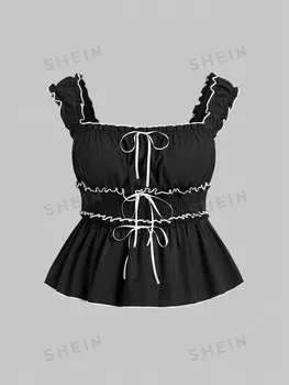 MOD Плюс размер Летняя мягкая красота Стиль Черно-белая блочная майка с украшением в виде банта, топы для выхода в свет, топы больших размеров, летние укороченные топы-кокетки Shein, черный