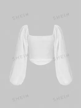 MOD Плюс размер Милая декольте Корсет Блузка с рукавами-фонариками Shein, белый