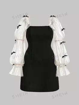 MOD Плюс Размер Романтическое черно-белое платье-трапеция с сетчатыми рукавами и бантом с декором Shein, черный