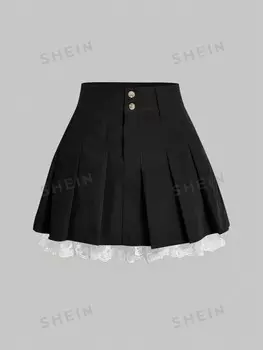 MOD Плюс размер Сетчатая плиссированная юбка с вышивкой Shein, черный