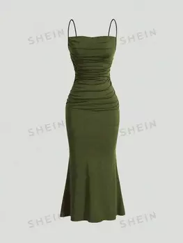 MOD Плюс Размер Сплошной Цвет B Облегающее платье на бретельках с русалкой и подолом Элегантное вечернее платье на лето Shein, темно-зеленый