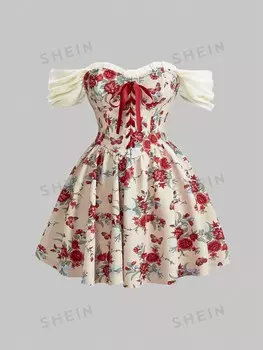 MOD Plus Summer Holiday Date Party с бантом и цветочным принтом с открытыми плечами и ремнями с бантом Shein, абрикосовый