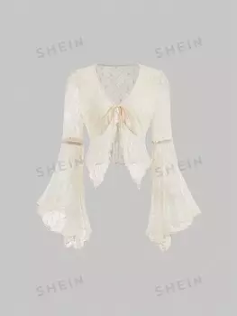 MOD, Полупрозрачный кружевной топ с расклешенными рукавами, украшенный завязками Shein, абрикосовый