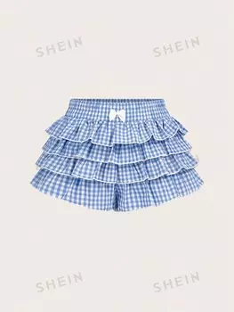 MOD Повседневные облегающие женские шорты в клетку с низкой талией и рюшами, женская школьная одежда, синие и белые боксеры, простые повседневные шорты Shein, синий/белый