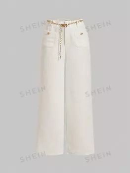 MOD Ремень большого размера с металлической цепочкой, украшенный кремово-белыми брюками из плотной шерсти Shein, белый