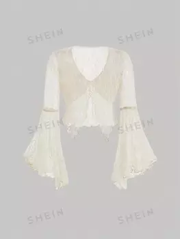 MOD Романтический абрикосовый прозрачный кардиган с длинными рукавами и завязками на талии, большие размеры Shein, абрикосовый