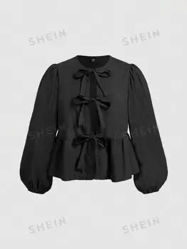 MOD, Рубашка с пышными рукавами, узор с бантом, большой размер, игривая, веселая Shein, черный