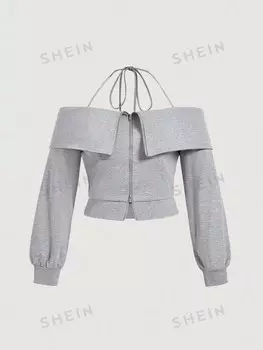 MOD, Толстовка с длинными рукавами, отложной воротник, серая, с открытыми плечами, с карманами, большой размер Shein, светло-серый