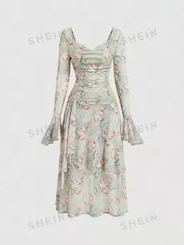 MOD Трикотажное платье с Длинными рукавами винтажный цветочный узор Для женщин больших размеров подойдут осенние платья Shein, мультиколор