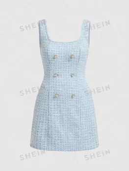 MOD Твидовое платье, узор в клетку, 2 ряда пуговиц, большой размер, без рубашки Shein, синий/белый